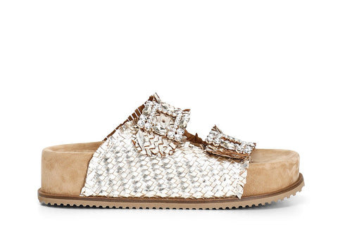 CIABATTA IN PELLE INTRECCIATA CON DOPPIA FIBBIA GIOIELLO FONDO ALTO