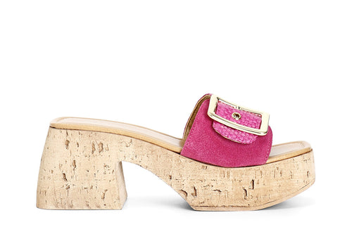 CIABATTA IN PELLE SCAMOSCIATA E RAFFIA CON FIBBIA