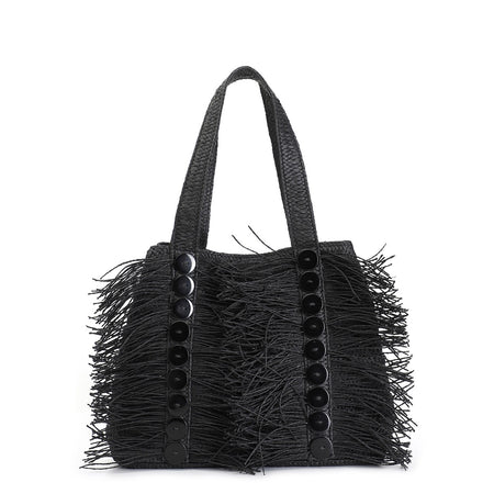 shopping in raffia con applicazione di bottoni e frange