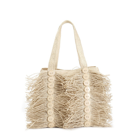 shopping in raffia con applicazione di bottoni e frange