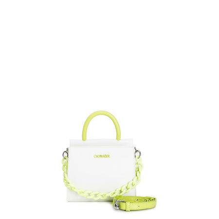 MINIBAG BICOLORE CON MANICO, DOPPIA TASCA .CON TRACOLLA IN PLASTICA E TRACOLLINA