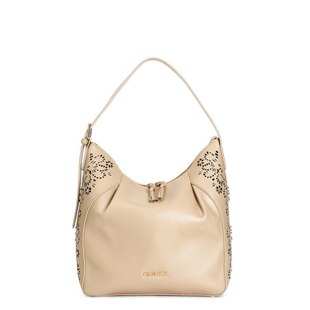 SACCA CON LASERATURA A MOTIVO FLOREALE CON APPLICAZIONE DI RIVETTI, MANICO REGOL