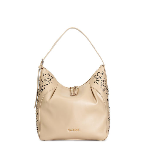 SACCA CON LASERATURA A MOTIVO FLOREALE CON APPLICAZIONE DI RIVETTI, MANICO REGOL