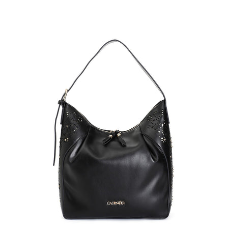 SACCA CON LASERATURA A MOTIVO FLOREALE CON APPLICAZIONE DI RIVETTI, MANICO REGOL