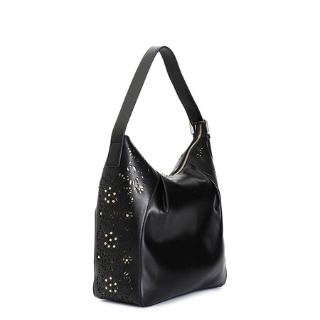 SACCA CON LASERATURA A MOTIVO FLOREALE CON APPLICAZIONE DI RIVETTI, MANICO REGOL