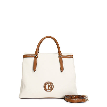 BORSA A MANO IN MATERIALE EFFETTO CANVAS, LOGO, MANICI E RIFINITURE A CONTRASTO,