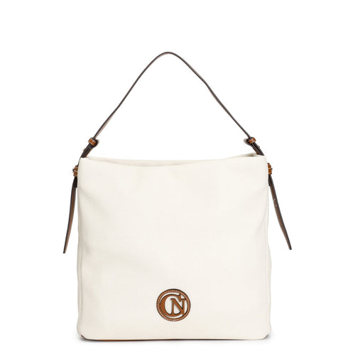 BORSA A MANO IN MATERIALE EFFETTO CANVAS, LOGO, MANICI E RIFINITURE A CONTRASTO,