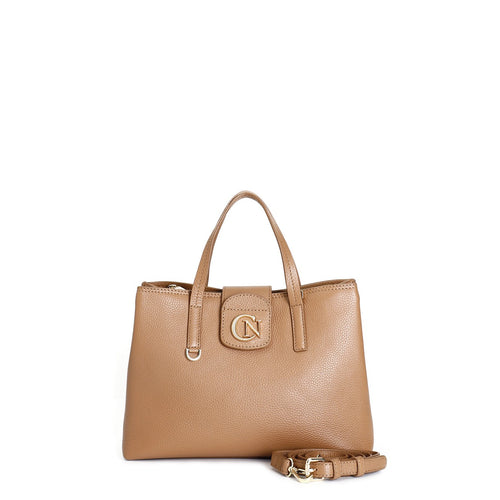 BORSA A MANO IN VERA PELLE MARTELLATA CON TASCA ZIP E PICCOLA PATTINA CON LOGO