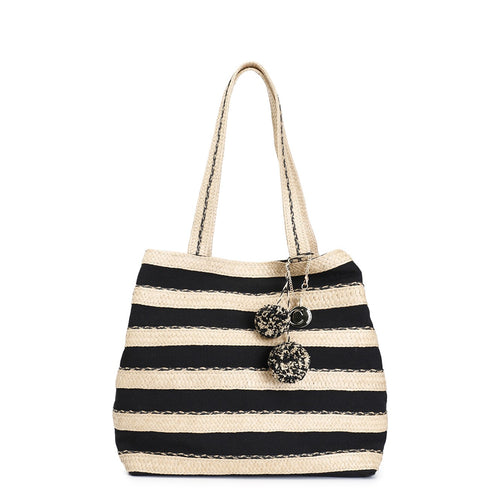 SHOPPING IN RAFFIA E CANVAS, CON CHARM CON POMPON E PIASTRINA LOGO IN METALLO