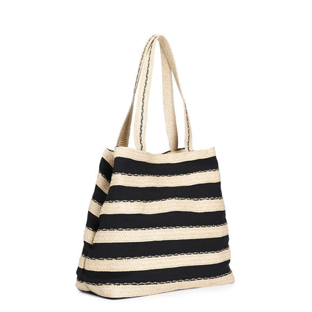 SHOPPING IN RAFFIA E CANVAS, CON CHARM CON POMPON E PIASTRINA LOGO IN METALLO