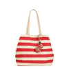SHOPPING IN RAFFIA E CANVAS, CON CHARM CON POMPON E PIASTRINA LOGO IN METALLO