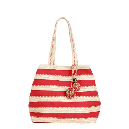 SHOPPING IN RAFFIA E CANVAS, CON CHARM CON POMPON E PIASTRINA LOGO IN METALLO
