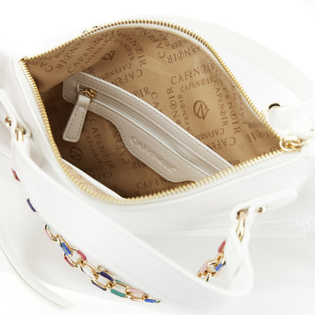 BAULETTO CON TASCA SUL DAVANTI E DECORAZIONE DI CATENA SMALTATA MULTICOLOR