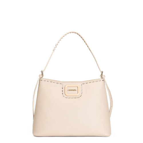 SACCA IN SAFFIANO CON ACCESSORIO SMALTATO E MOTIVO DI INFILATURA METALLIZZATA