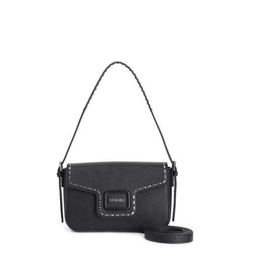 PATTINA IN SAFFIANO CON ACCESSORIO SMALTATO E MOTIVO DI INFILATURA METALLIZZATA