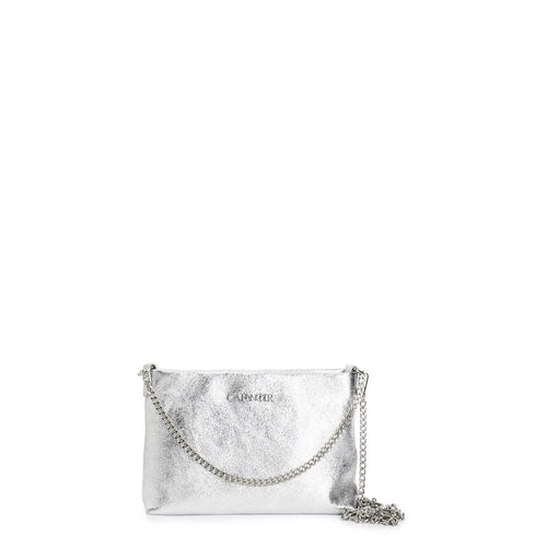 POCHETTE IN PELLE LAMINATA CON DOPPIA TARCOLLA IN CATENA