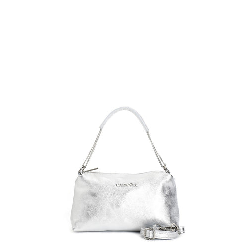 CAMERA BAG IN PELLE METALLIZZATA CON MANICO IN CATENA CON MANIGLIOTTO E TNAPPINA