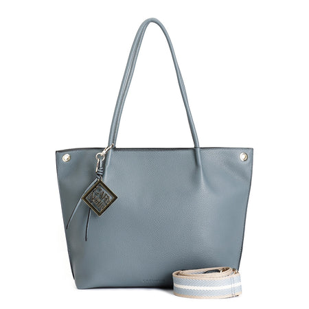 SHOPPING IN MATERIALE CON GRANA, TRACOLLA REMOVIBILE IN NASTRO E CHARM IN METALL