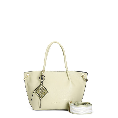 TOTE IN MATERIALE CON GRANA, TRACOLLA REMOVIBILE IN NASTRO E CHARM IN METALLO