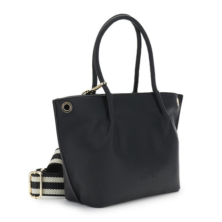 TOTE IN MATERIALE CON GRANA, TRACOLLA REMOVIBILE IN NASTRO E CHARM IN METALLO