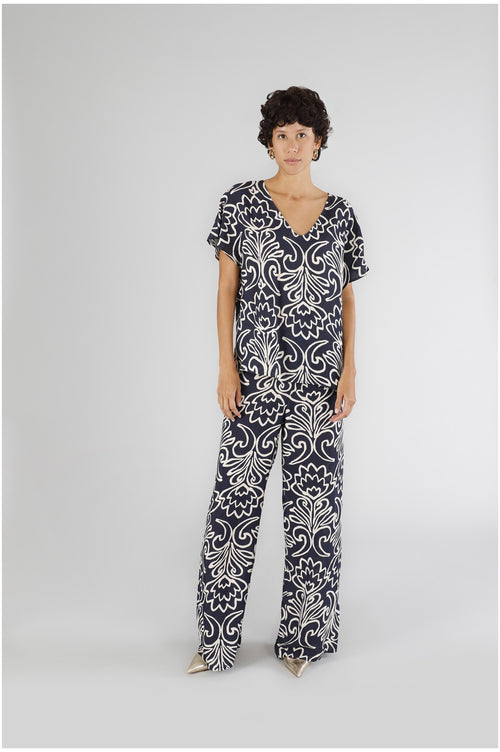 BLUSA SCOLLO A V IN MAROCAINE STAMPATO