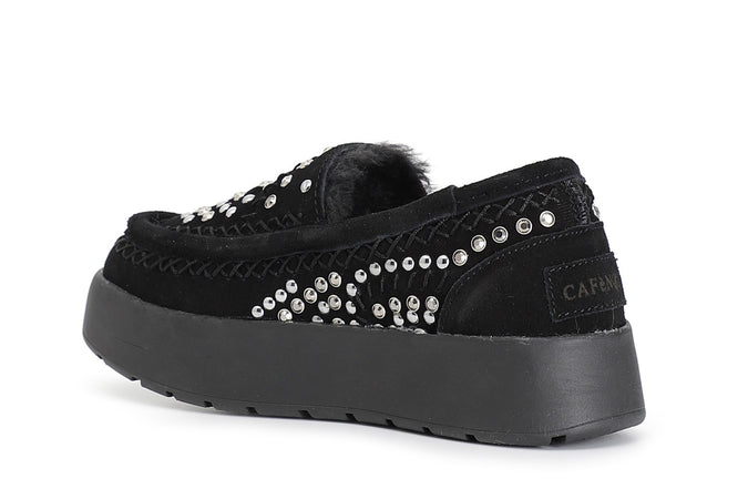 MOCASSINO IN PELLE SCAMOSCIATA CON STRASS BORCHIE E INFILATURE