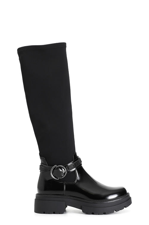 STIVALE IN SIMILPELLE SPAZZOLATA E STRETCH CON CAVIGLIERA STRASS