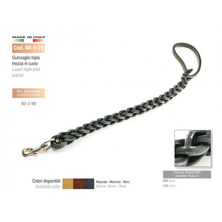 Guinzaglio per cane con Tripla treccia in Cuoio e moschettone 70 cm
