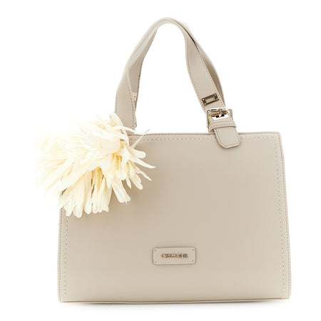 TOTE IN MATERIALE GRANOSO CON CHARM GRANDE FIORE IN TESSUTO, MANICI CON FIBBIA R