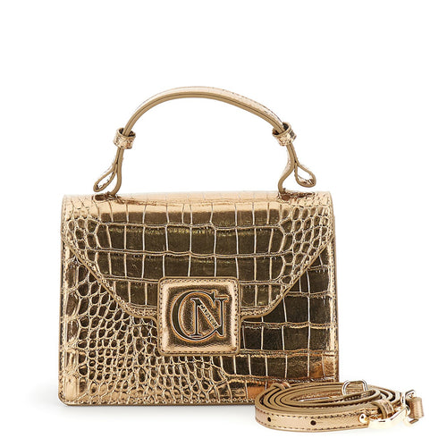 MINIBAGS CON PATTINA IN MATERIALE STAMPACOCCO METALLIZZATO, LOGO CN IN METALLO,