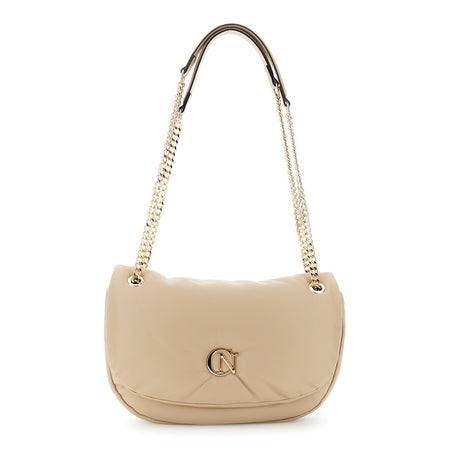 BORSA A SPALLA CON PATTINA EFFETTO PUFFY CON LOGO IN METALLO, TRACOLLA IN CATENA