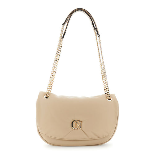 BORSA A SPALLA CON PATTINA EFFETTO PUFFY CON LOGO IN METALLO, TRACOLLA IN CATENA