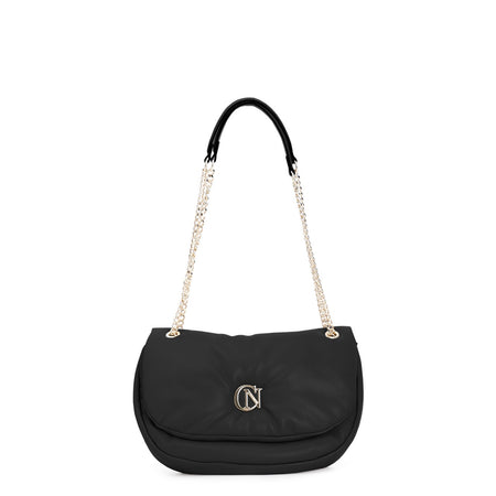 BORSA A SPALLA CON PATTINA EFFETTO PUFFY CON LOGO IN METALLO, TRACOLLA IN CATENA