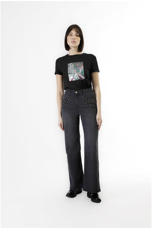 DENIM WIDE LEG CON PERLE ALLE TASCHE