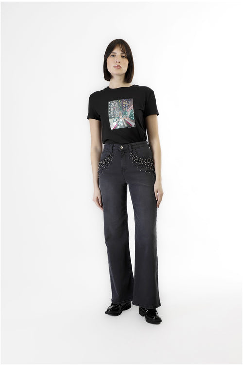 DENIM WIDE LEG CON PERLE ALLE TASCHE