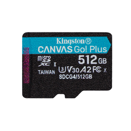 Kingston microSDXC Canvas Go! Plus 512GB è una scheda di memoria ad alte prestazioni con velocità fino a 200MB/s. Ideale per video 4K, foto e app su action camera, droni e smartp