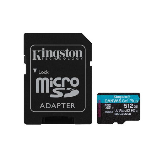 Kingston microSDXC Canvas Go! Plus 512GB è una scheda di memoria ad alte prestazioni con velocità fino a 200MB/s. Ideale per video 4K, foto e app su action camera, droni e smartp