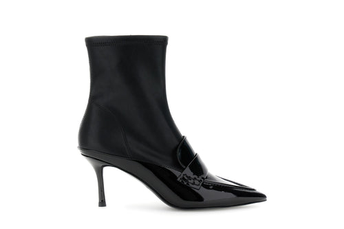 TRONCHETTO CON VASCHETTA MOCASSINO IN PELLE EFFETTO VERNICE E SINTETICO EFFETTO