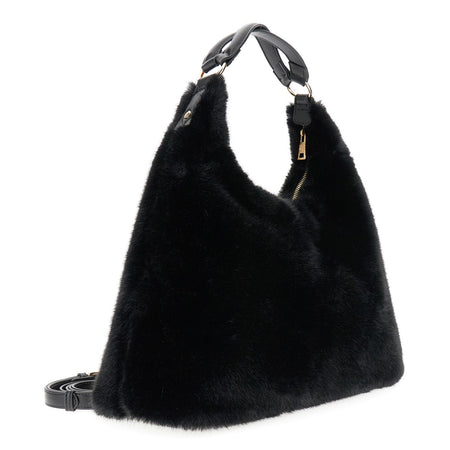 sacca in pelliccia sintetica con spallaccio e tag con logo in tpu