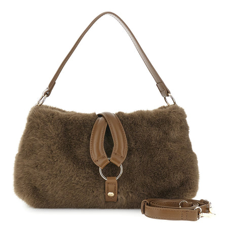 BORSA A SPALLA IN PELLICCIA SINTETICA CON BACCELLO E ANELLO.