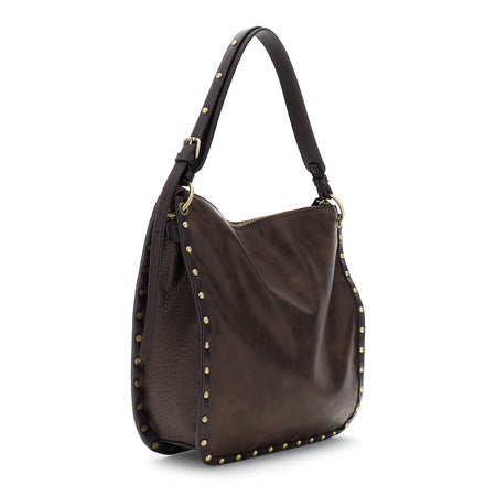 SACCA MORBIDA IN SINTETICO EFFETTO PELLE NUVOLATO CON BORDATURA E RIVETTI