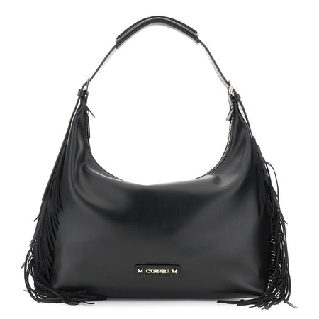 BORSA A SPALLA IN SINTETICO EFFETTO PELLE CON FRANGE E LOGO SUL DAVANTI