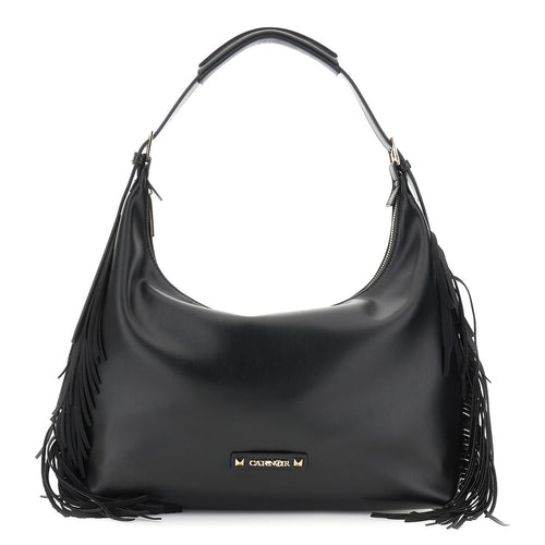 BORSA A SPALLA IN SINTETICO EFFETTO PELLE CON FRANGE E LOGO SUL DAVANTI