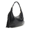 BORSA A SPALLA IN SINTETICO EFFETTO PELLE CON FRANGE E LOGO SUL DAVANTI