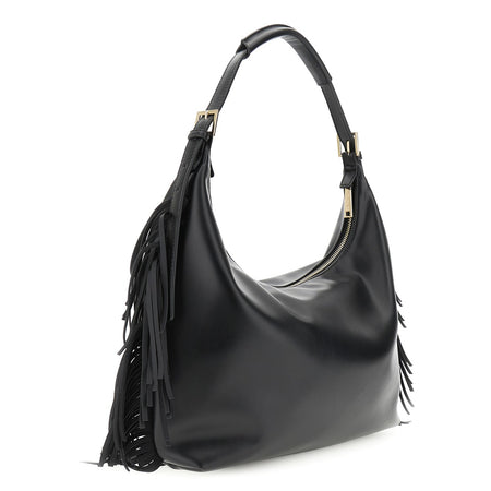 BORSA A SPALLA IN SINTETICO EFFETTO PELLE CON FRANGE E LOGO SUL DAVANTI