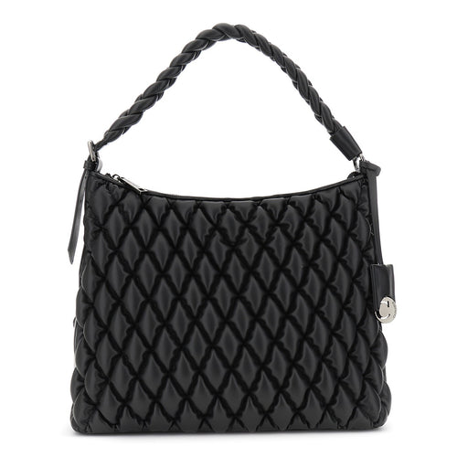 SACCA IN NAPPA SINTETICA CON GOFFRATURA, MANICO A TRECCIA, CHARM CON LOGO