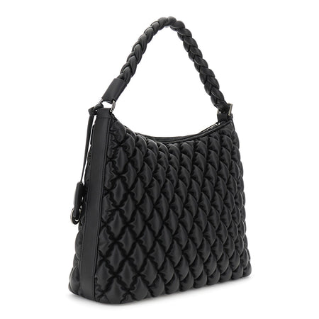 SACCA IN NAPPA SINTETICA CON GOFFRATURA, MANICO A TRECCIA, CHARM CON LOGO