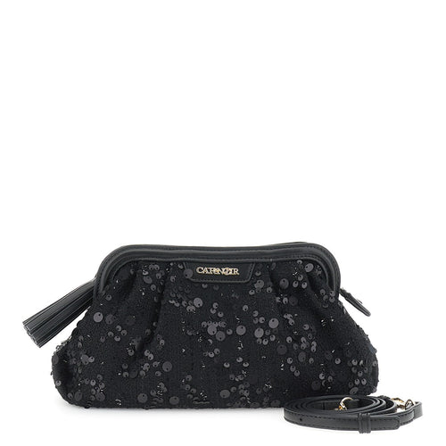 POCHETTE CON CERNIERA IN TESSUTO BOUCLE' CON APPLCAZIONE DI PAILLETTES