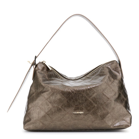 SACCA IN SINTETICO EFFETTO PELLE METALLIZZATO CON RICAMO GEOMETRICO.