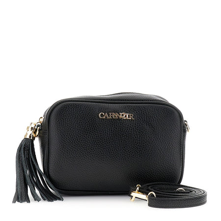 CAMERA BAG IN PELLE MARTELLATA, TRACOLLA CON MOSCHETTONI E NAPPINA